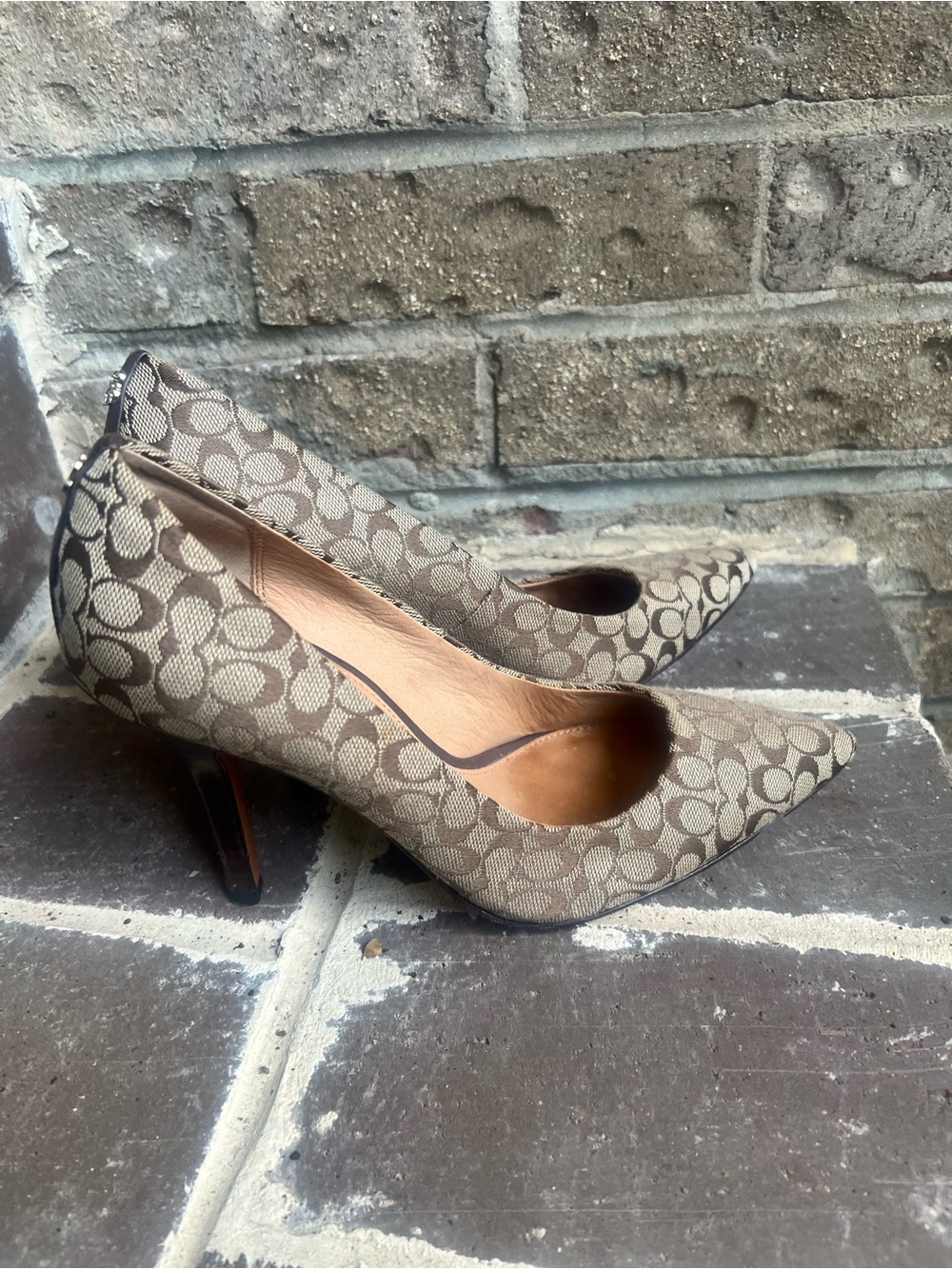 Coach Taupe Signature Monogram Pointed-Toe Heels
